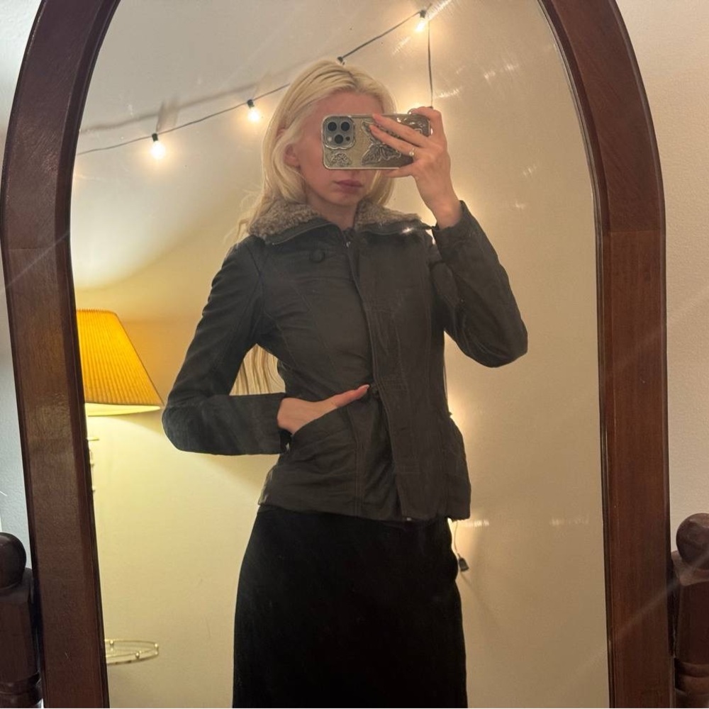 Danier Black Leather Jacket with Fur Collar